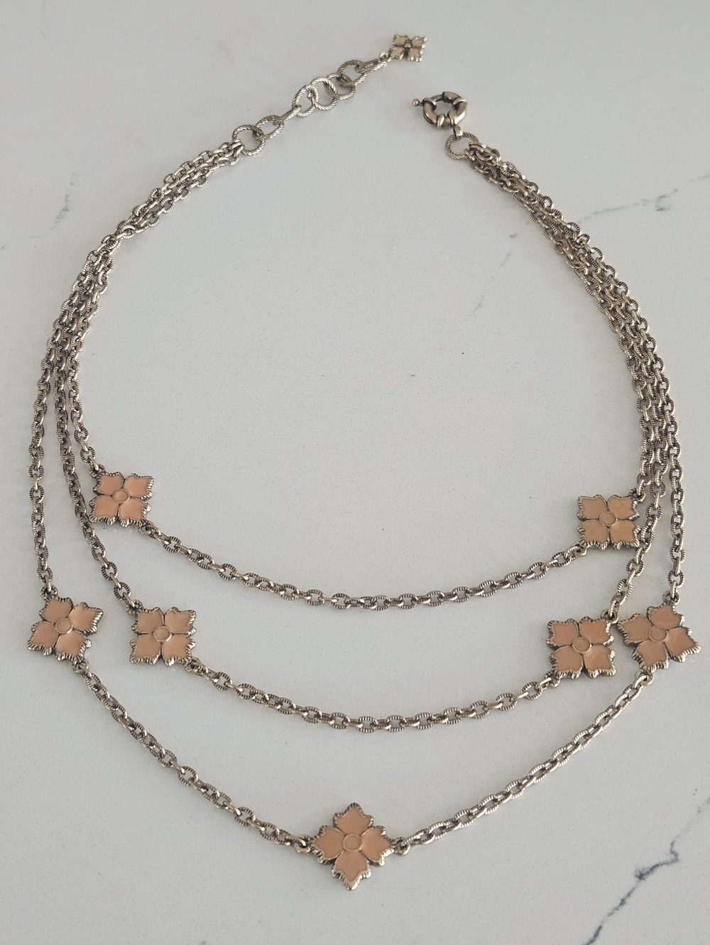 Patricia Nash Floret Enamel Station Necklace Coral Medallions Gold Chain 18"-20"